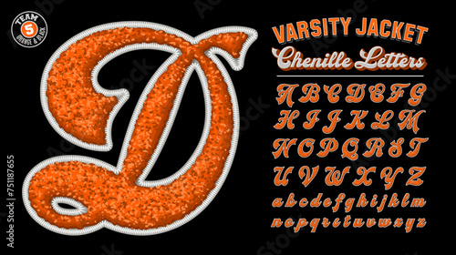 A collection of varsity jacket style letters with chenille fabric effect, in orange and black team colors