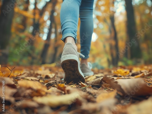 Close-up of a woman s feet walking through a forest covered in autumn leaves