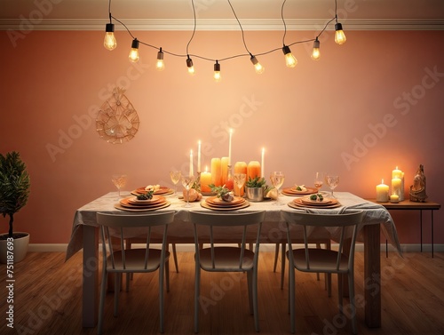 Festively Decorated Dining Table in Warm Peach Tones, Festlich gedeckter Esstisch in warmen Pfirsichtönen,  photo