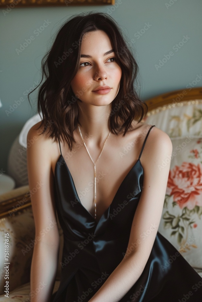 Frau mit braunen Haaren in einem schwarzen Satin Kleid Frau mit braunen Haaren in einem schwarzen Satin Kleid