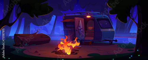 Camping place with camper van with tent and open door standing in forest near logs on bonfire pit and large wood trunk on ground as seat. Cartoon summer night scene with caravan for relax and travel