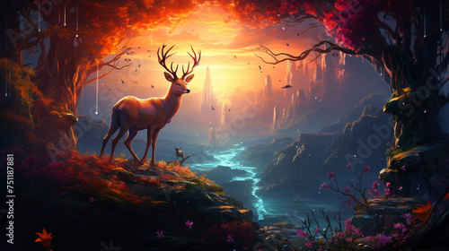 Fantastic landscape lone deer fantasy style. dream © Anaya