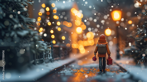  child walking next to a Christmas tree in the city snow. generative ai