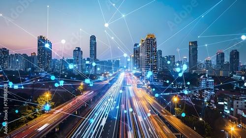 Vibrant City Lights and Networking Lines, To convey the concept of technological marvel and vibrant connectivity in a big city through the use of