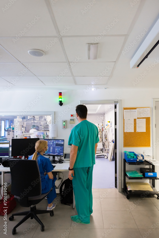 Standing electrophysiologist checking data on monitor Standing electrophysiologist checking data on monitor