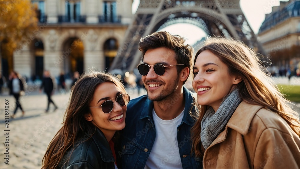 Group of happy young friends having selfie outdoors in Paris