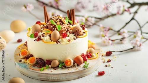 Easter-themed cake with chocolate and fruit toppings on a wooden board.