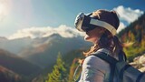 Woman Exploring Mountains with VR Headset, To provide an engaging and picturesque representation of virtual reality exploration in the great outdoors