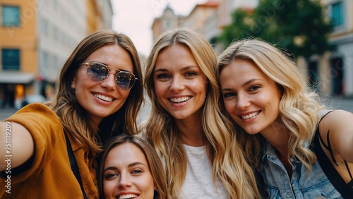Group of female blonde friend selfie group shot in holiday weekend vacation travel