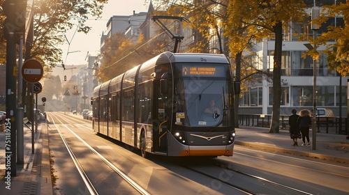 Tram Traveling Through City Street, To provide a visually appealing and relevant image for use in marketing materials, websites, and publications