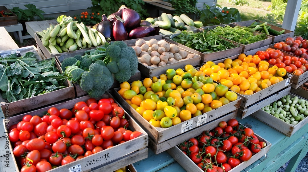 Vibrant Farm Stand at a Farmers Market, To provide high-quality, visually appealing, and emotionally engaging stock photography of fresh produce and