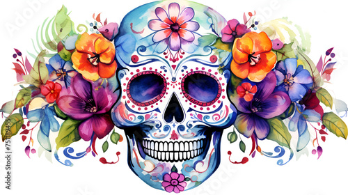 Watercolor painting in shades of gray of a sugar skull or Mexican catrina Day of the Dead, Cinco de mayo mexican skull 