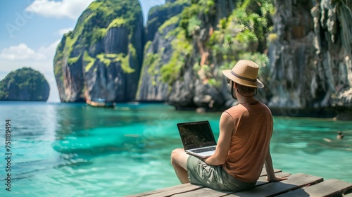 Man Working on Laptop by the Tropical Ocean in Thai Art Style, To provide an eye-catching and aspirational image of a man working on his laptop in a © pkproject