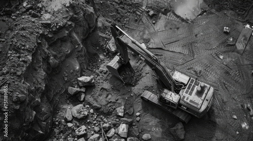 Excavator on a construction site with rocky terrain. Aerial view monochrome photography