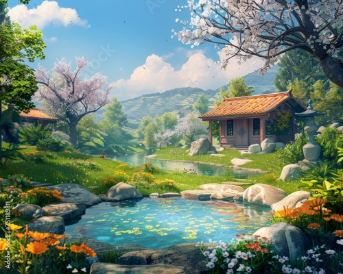 A tranquil spring landscape featuring a traditional Asian-style hut beside a calm pond surrounded by blooming cherry trees  lush greenery  and stone pathways.