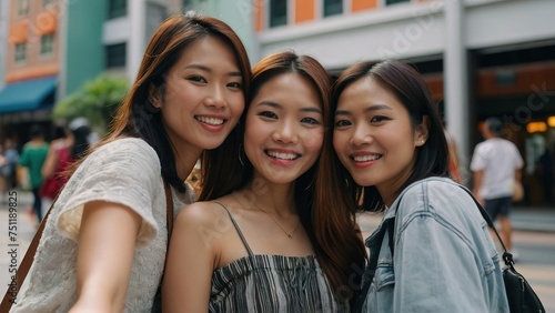 Group of female asian friend selfie group shot in holiday weekend vacation travel