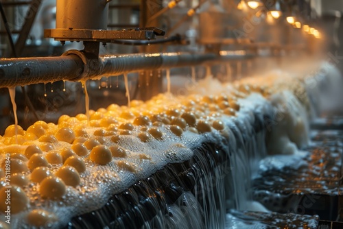Cheeses on a production line at a factory