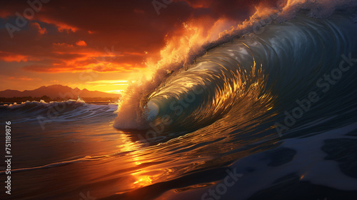 Golden ocean wave at sunset. © Anaya