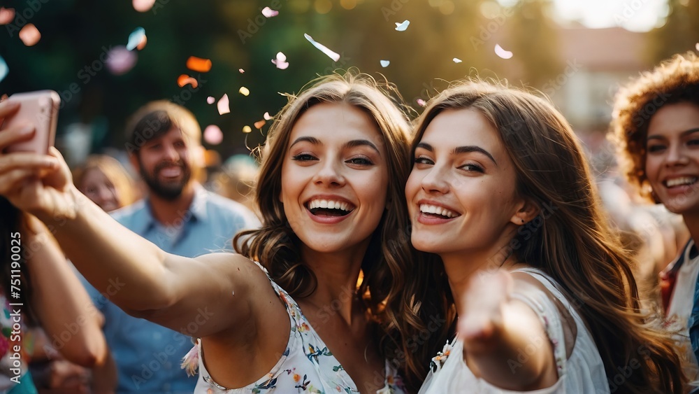 Excited girls on summer festival having fun with confetti outdoor and taking a selfie