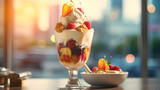 ice cream with fruits, Strawberry milkshake with whipped cream and cherry on top, retro dessert topping