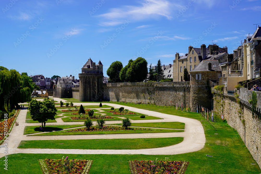 French garden in front of the castle ramparts in Vannes city in brittany France