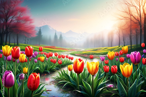Colorful wild tulips beginning to flower and peaceful serenity vector illustration style art design #751190453
