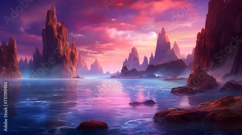 Fantasy seascape with mountains and sea at sunset. 3d illustration