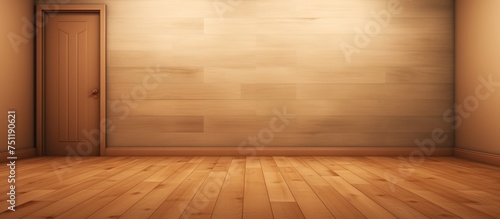 The room is bare  with a wooden floor and a single door. There are no furnishings or decorations present. The door is closed  leading to unknown spaces beyond the room.