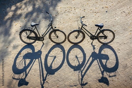 Two bicycles leaning against each other casting shadows on the ground.