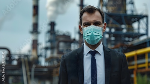Businessman in Suit Wearing Face Mask in Industrial Setting photo