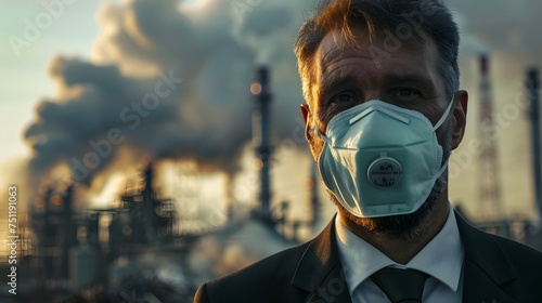 Businessman in Suit Wearing Face Mask in Industrial Setting photo