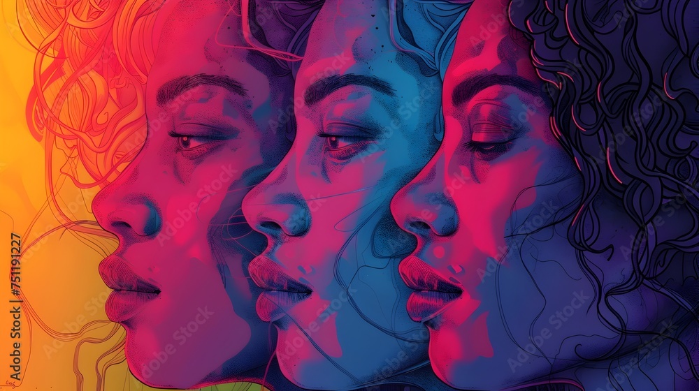 Colorful Illustration of Three Women with Stylish Hair