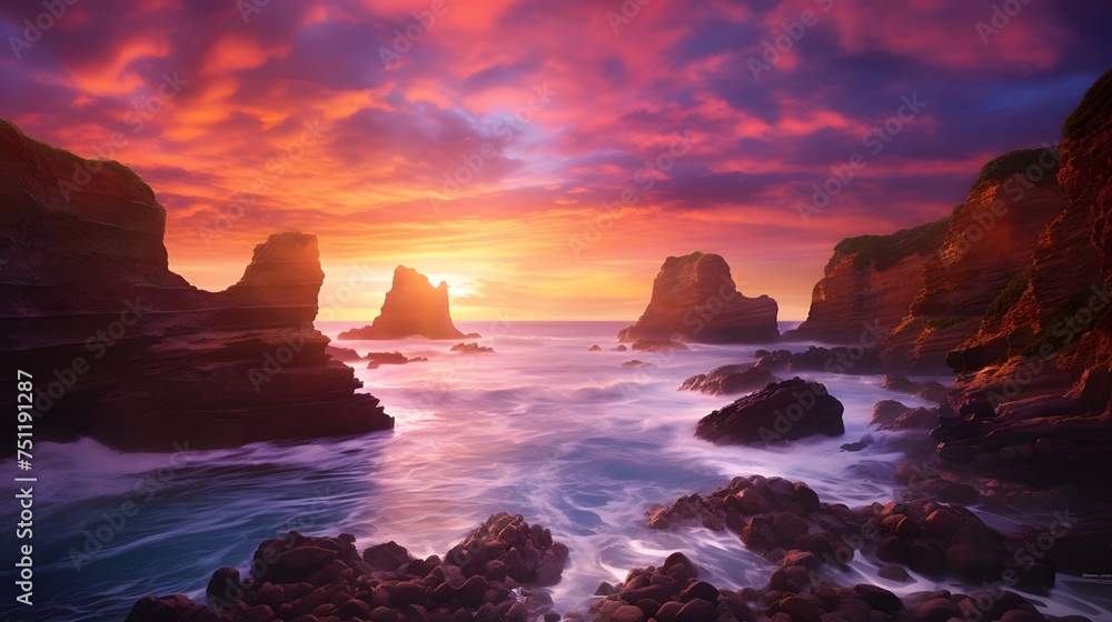 Panoramic view of a beautiful sunset over the Atlantic Ocean in Portugal
