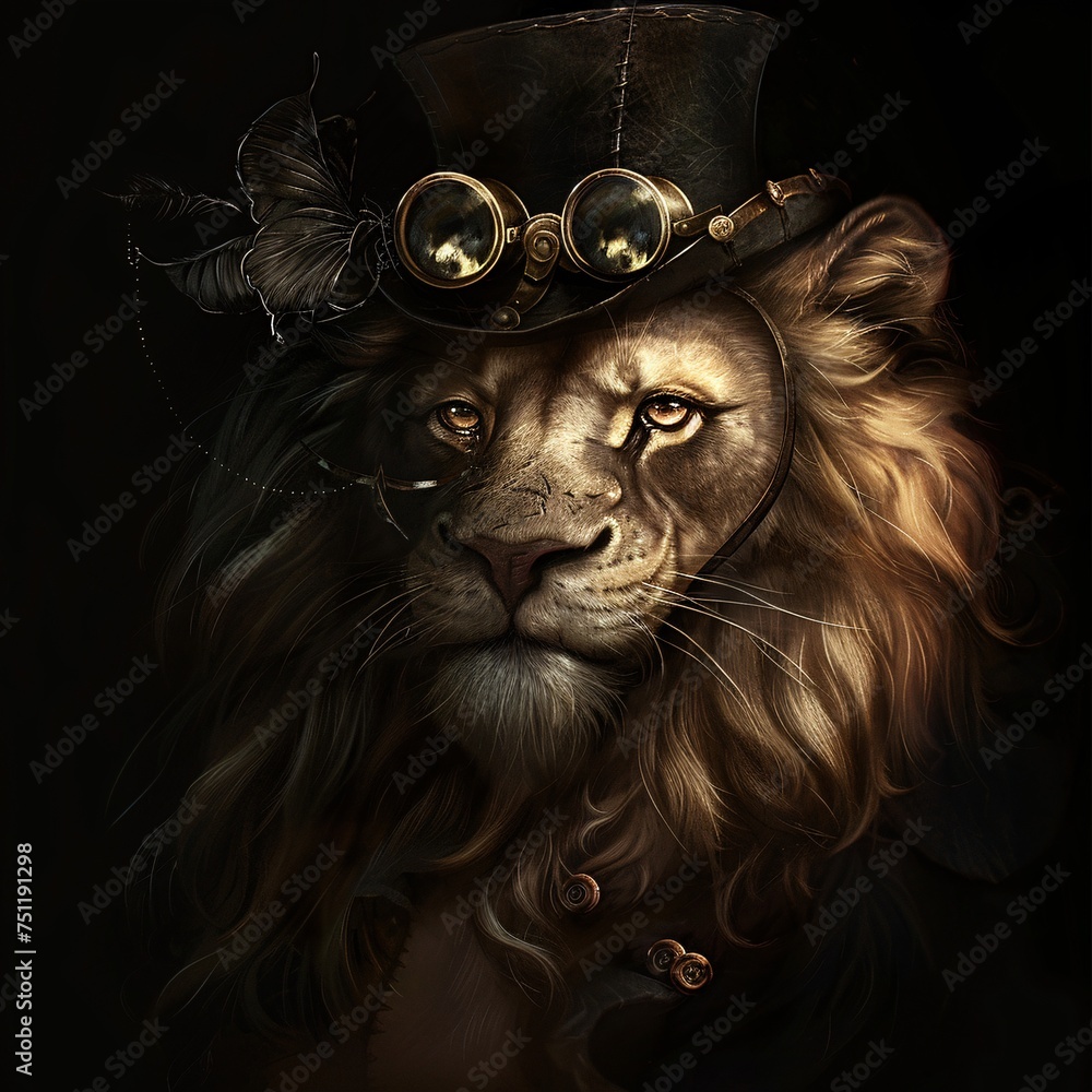 Lion King - A lion wearing a top hat and goggles, reminiscent of the popular animated film The Lion King. Generative AI - obrazy, fototapety, plakaty 