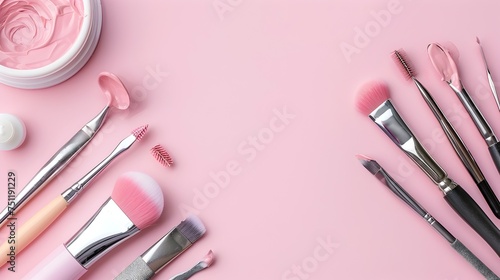 Colorful Makeup Tools and Cosmetic Brushes on Pink Background