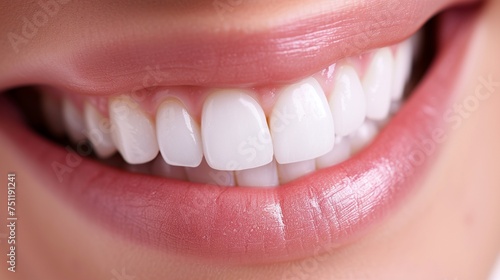 Nahaufnahme vom grinsenden Mund mit wei  en Z  hnen einer Frau  Zahngesundheit und Mundhygiene 