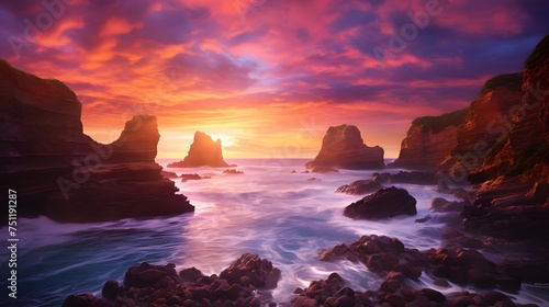 Panoramic view of a beautiful sunset over the Atlantic Ocean in Portugal