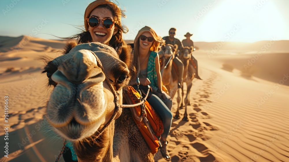 Exciting Desert Adventure Tourists Riding Camels in Sahara - obrazy, fototapety, plakaty 