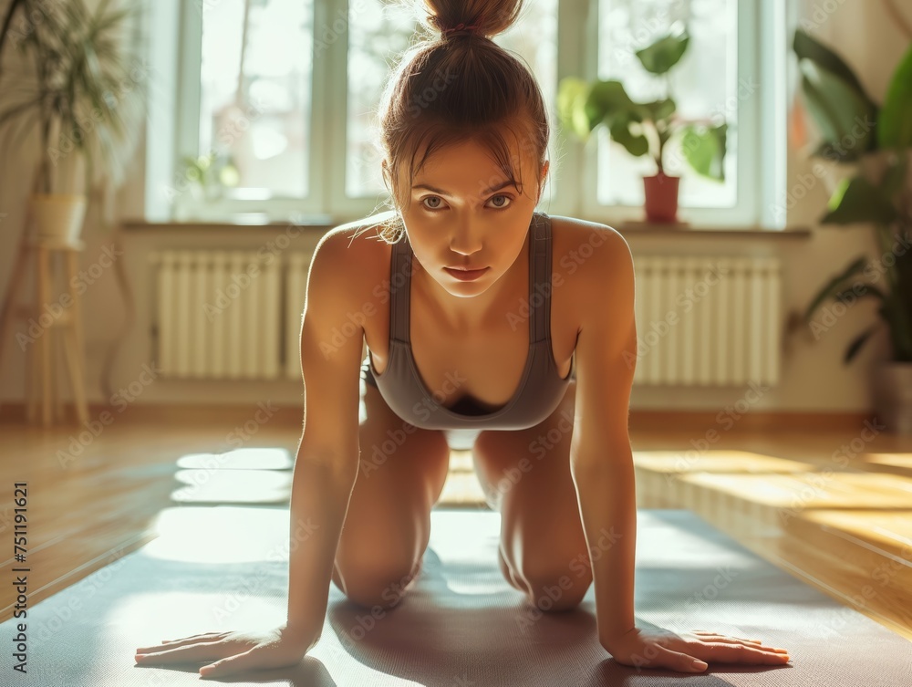 A young woman demonstrates determination and strength, engaging in a plank exercise in a sunlit room
