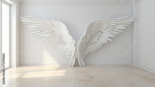Huge angel wings on a white wall background