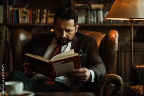 Man in a suit reading a book in a cozy library setting Generative AI