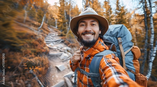 Man Hiking and Taking Selfie in the Forest