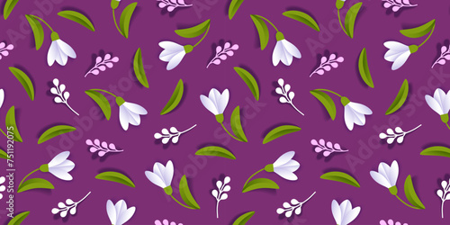 Spring flowers seamless Pattern with Snowdrop and leaves on a purple backdrop. Floral background for surface, wrapping paper, card, fabric. Vector illustration. © SvetlanaDmn