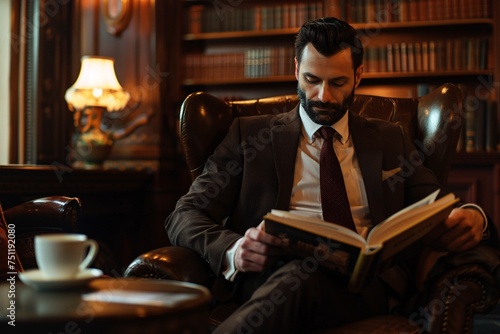 Man in Suit Reading Book in Library Generative AI