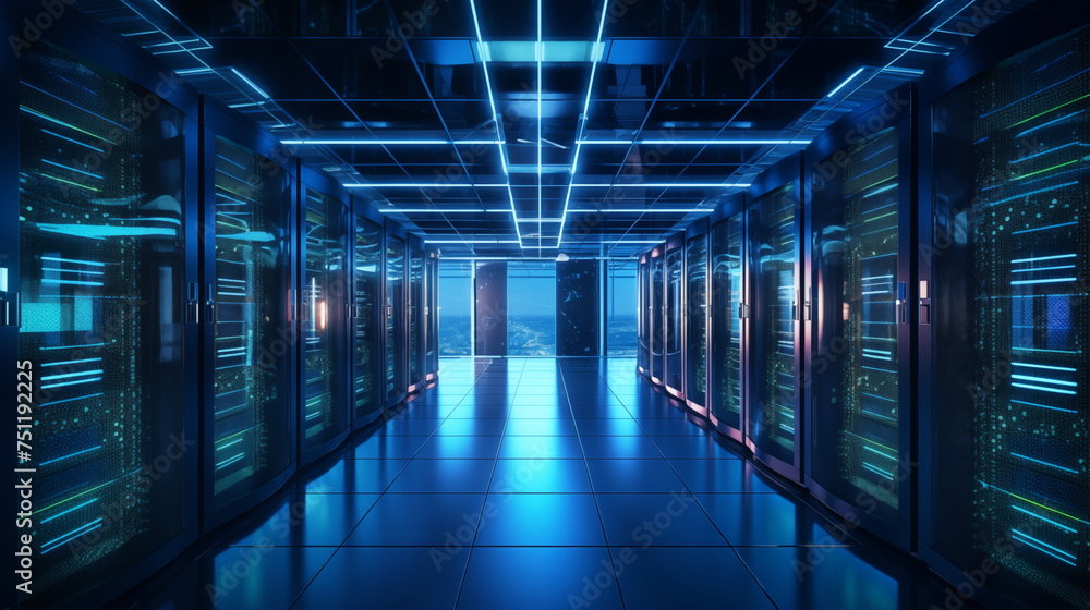 Data center featuring multiple servers. Data center featuring multiple servers.