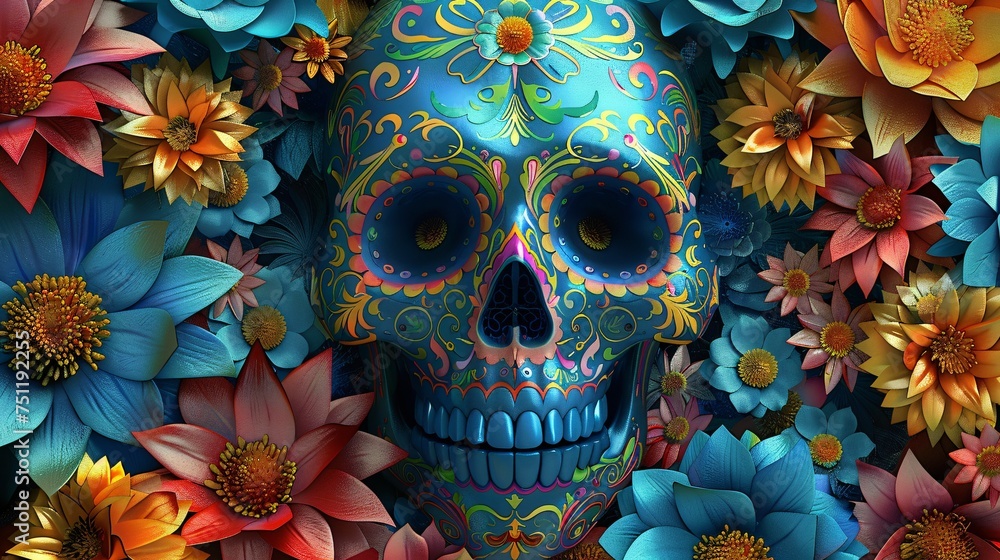 DÃ­a de los Muertos Skull with a Flower in its Mouth Generative AI