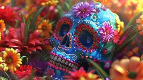 Flower Power Skull A Colorful Celebration of DÃ­a de los Muertos Generative AI