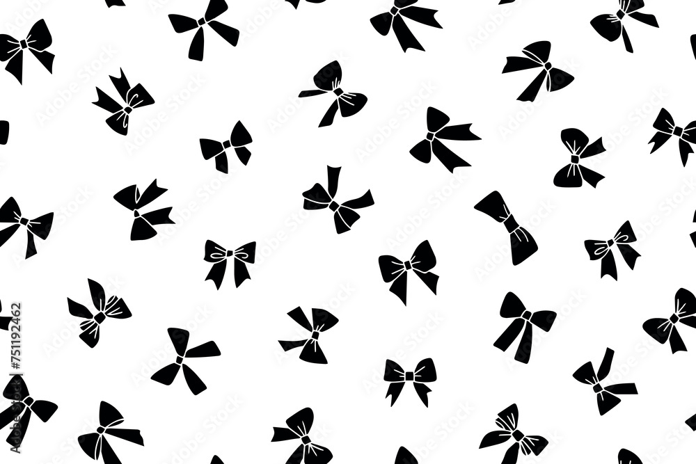 Fototapeta premium Seamless pattern of black gift bows, ribbons in doodle style, hand drawn. Black ribbon for fashion textile or wallpaper background. Vector 