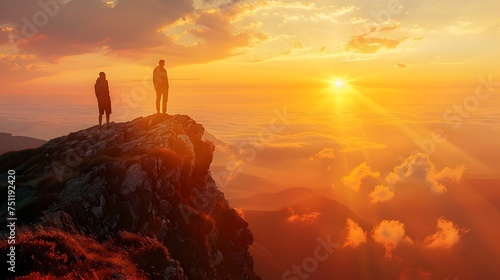 People Silhouetted at Sunset on Mountain Peak