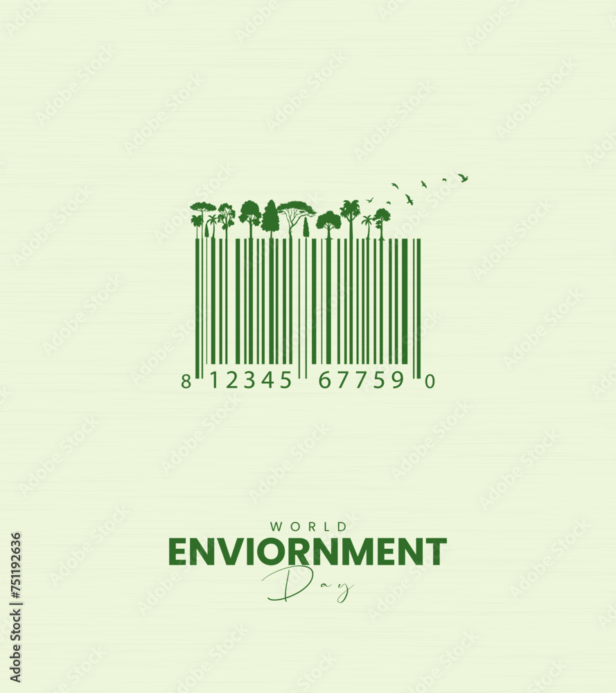 05 June, World Environment day, product barcode with green tree and ...
